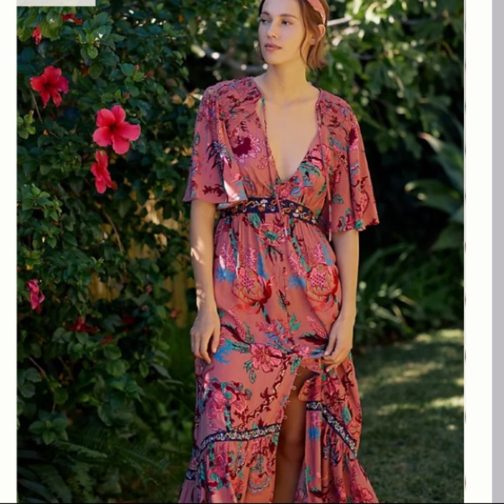 Anthropologie Floral Coral Maxi Dress